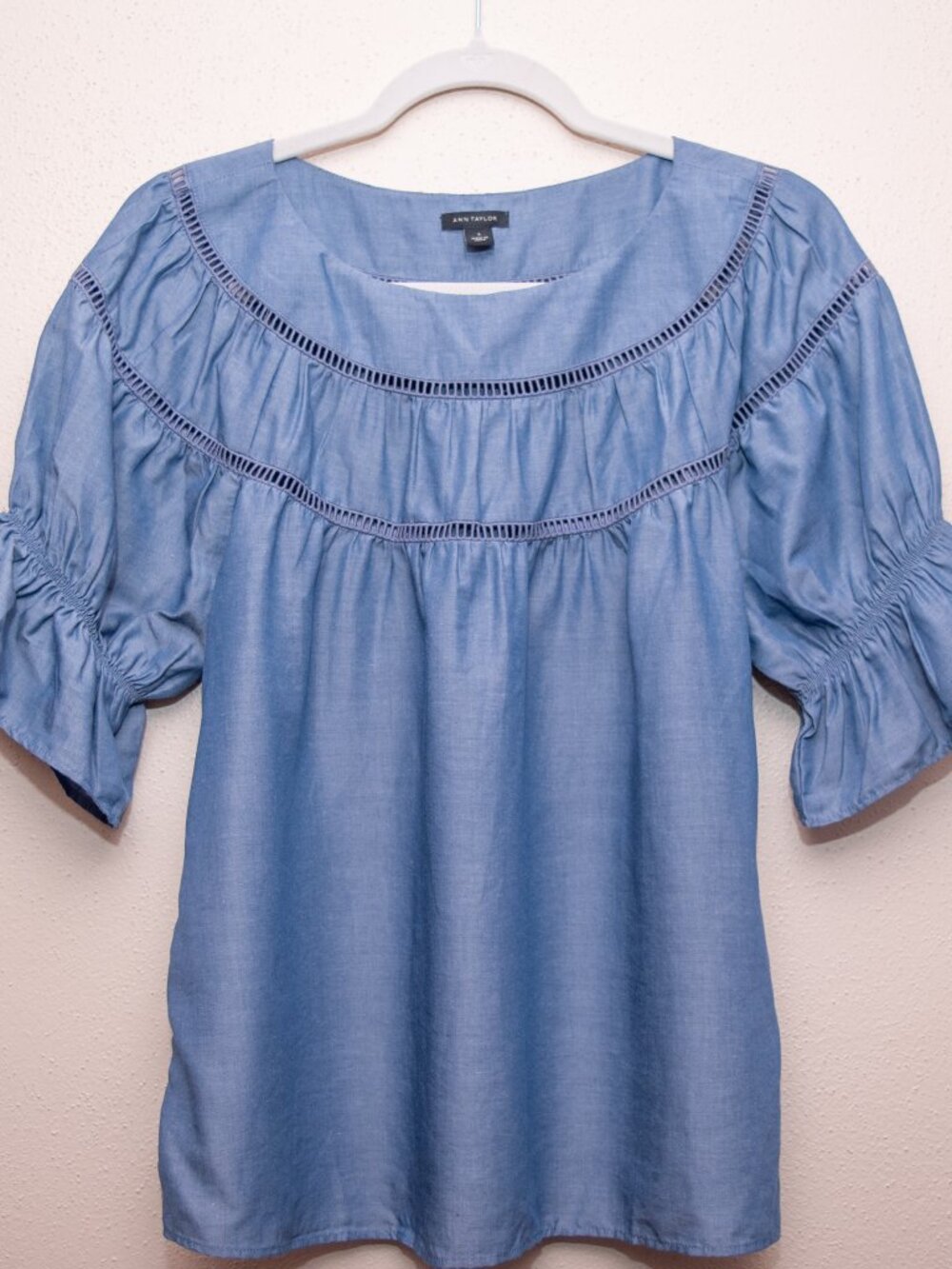 Ann Taylor Chambray Blouse Ruffle Sleeve Boho Preppy Coastal Womens S